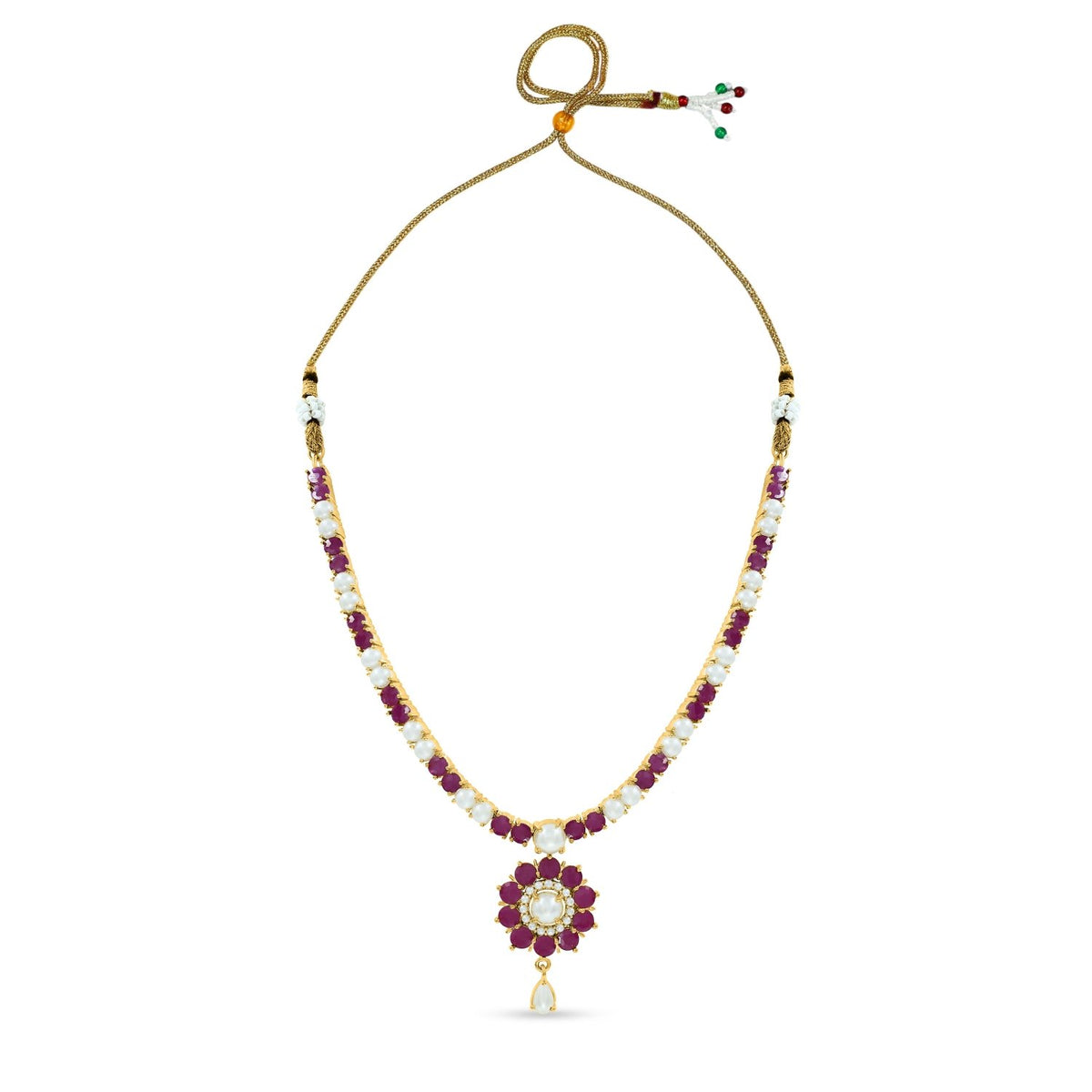 Bhavmayi gold-toned pearl and ruby necklace set with floral pendant and matching drop earrings