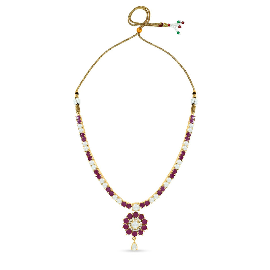 Bhavmayi gold-toned pearl and ruby necklace set with floral pendant and matching drop earrings