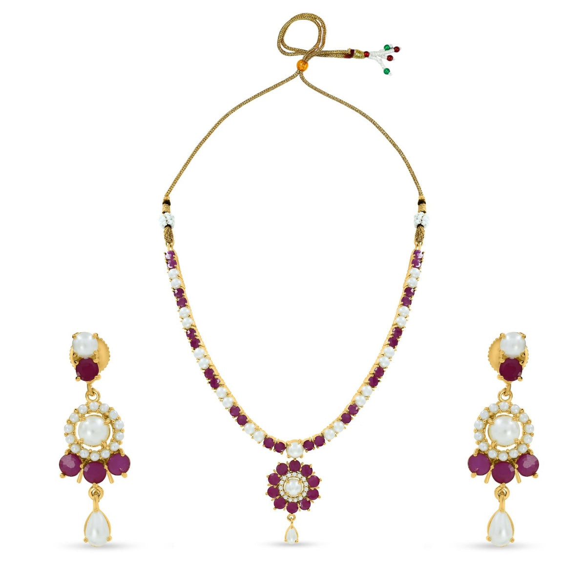 Bhavmayi gold-toned pearl and ruby necklace set with floral pendant and matching drop earrings