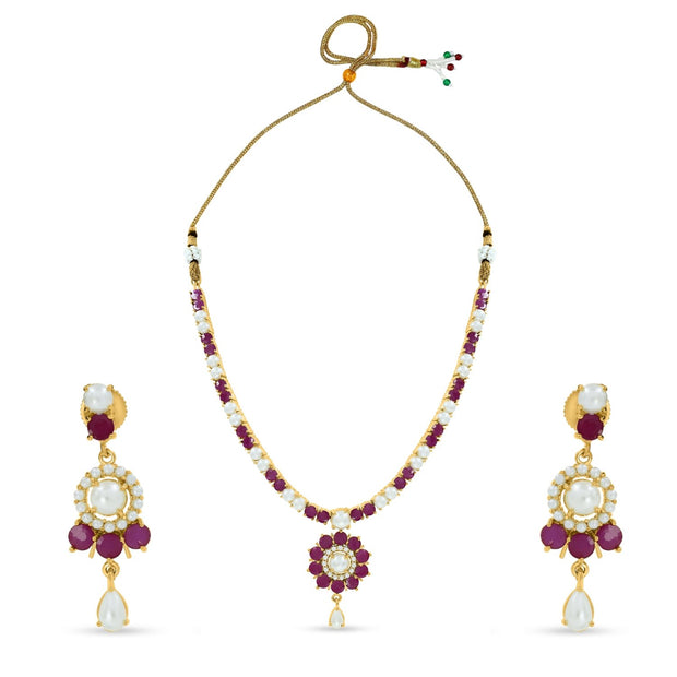 Bhavmayi gold-toned pearl and ruby necklace set with floral pendant and matching drop earrings