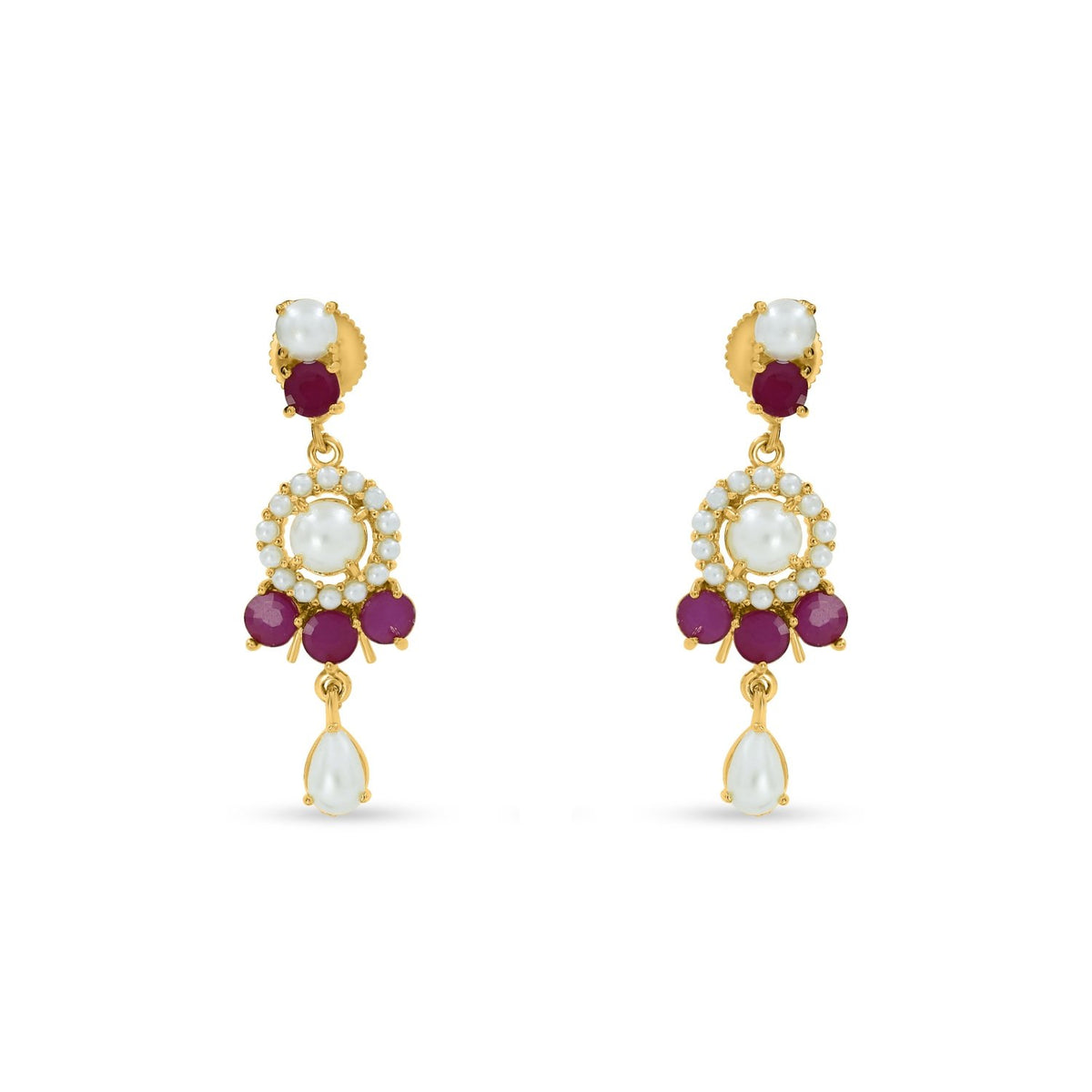 Bhavmayi gold-toned pearl and ruby necklace set with floral pendant and matching drop earrings