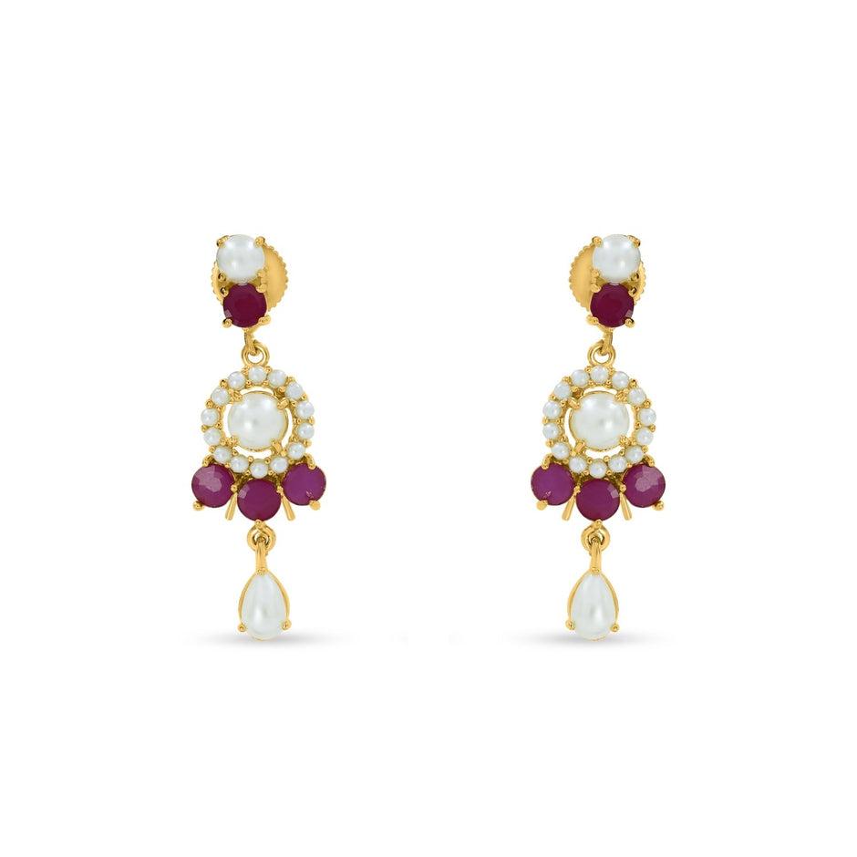 Bhavmayi gold-toned pearl and ruby necklace set with floral pendant and matching drop earrings
