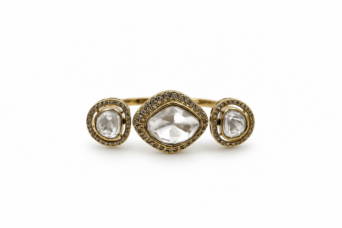 Bhavmayi Crystal Triple Halo Gold-Tone Statement Ring - bhavmayi