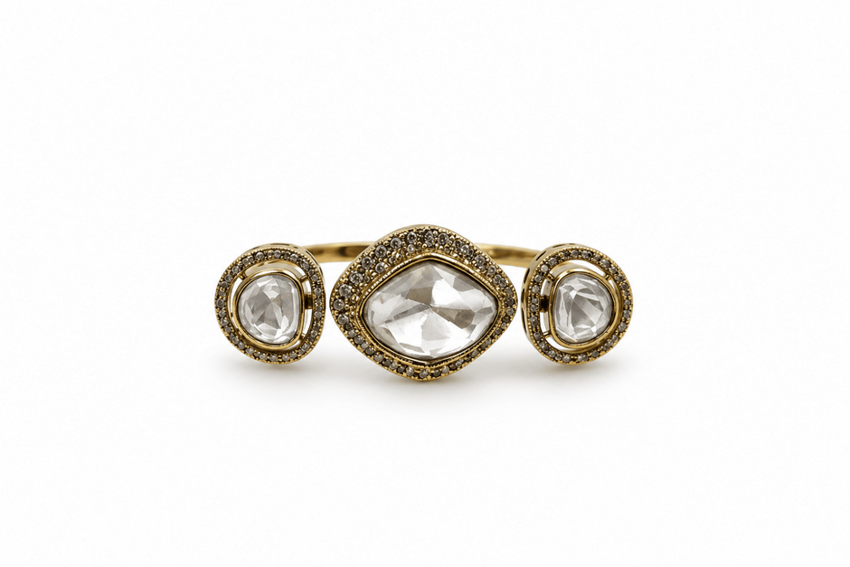 Bhavmayi Crystal Triple Halo Gold-Tone Statement Ring - bhavmayi