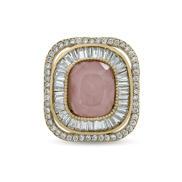 Bhavmayi Diamond Statement Gold Art Deco Oval Ring with Baguette and Pave Cushion Halo - bhavmayi