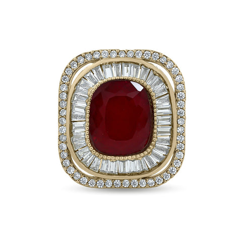 Bhavmayi Diamond Statement Gold Art Deco Oval Ring with Baguette and Pave Cushion Halo - bhavmayi
