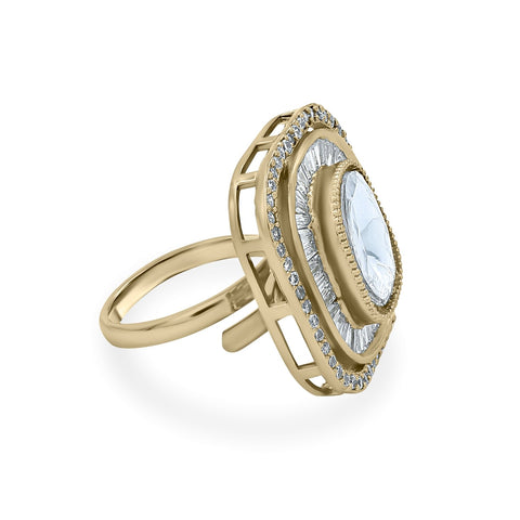 Bhavmayi Diamond Statement Gold Art Deco Oval Ring with Baguette and Pave Cushion Halo - bhavmayi