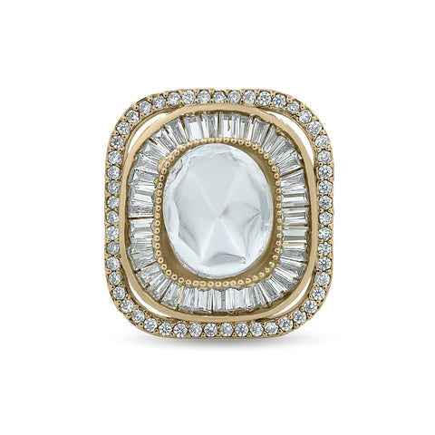 Bhavmayi Diamond Statement Gold Art Deco Oval Ring with Baguette and Pave Cushion Halo - bhavmayi
