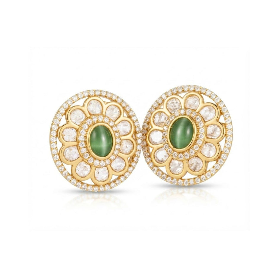 Bhavmayi Dual-Tone Antique Gold & Silver Uncut Polki Kundan Floral Stud Earrings with Micro-Pave Circullar Border - bhavmayi