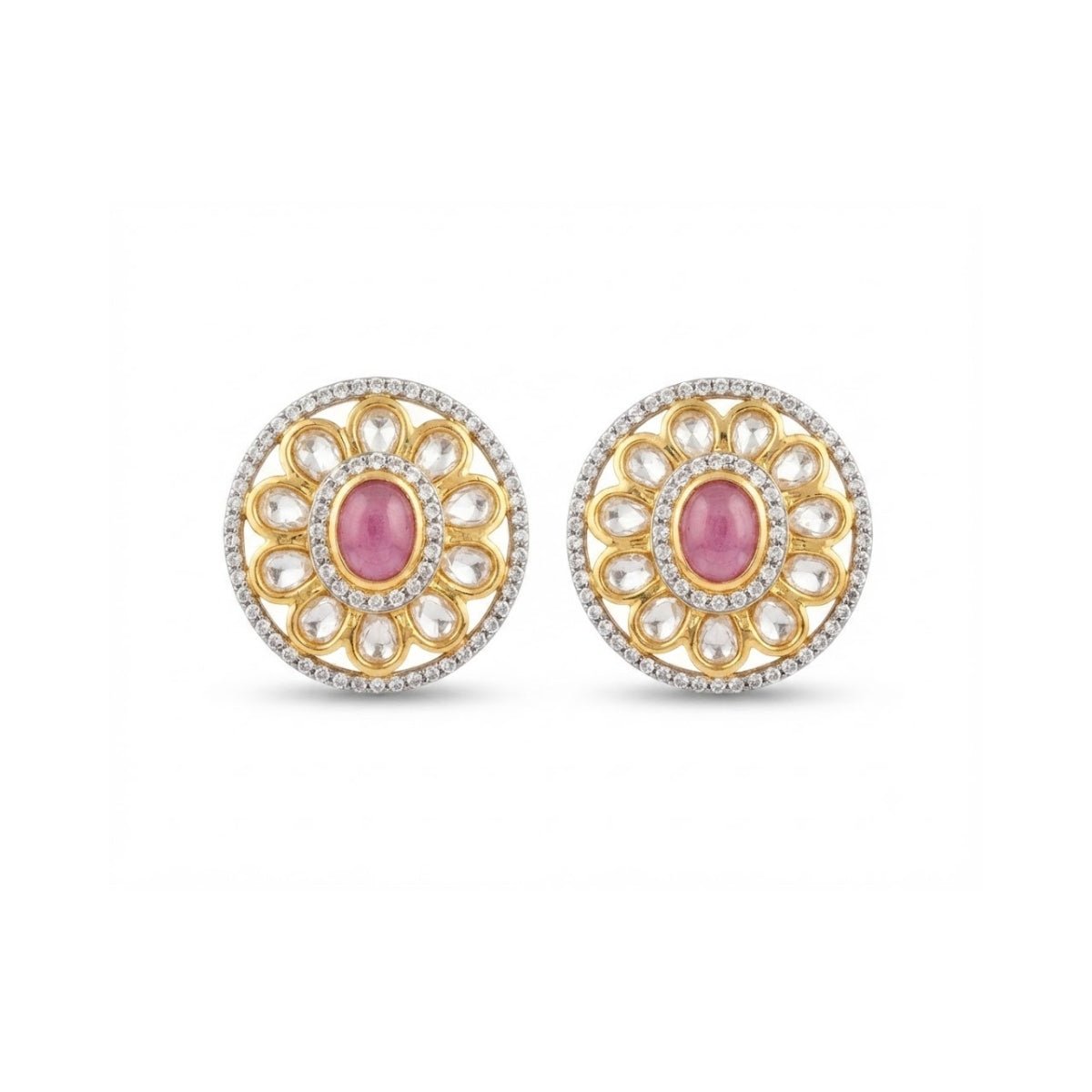 Bhavmayi Dual-Tone Antique Gold & Silver Uncut Polki Kundan Floral Stud Earrings with Micro-Pave Circullar Border - bhavmayi