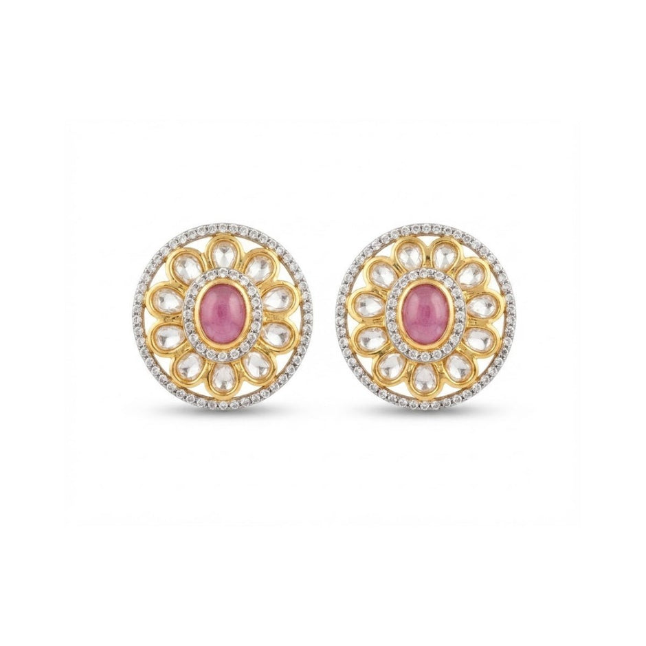Bhavmayi Dual-Tone Antique Gold & Silver Uncut Polki Kundan Floral Stud Earrings with Micro-Pave Circullar Border - bhavmayi