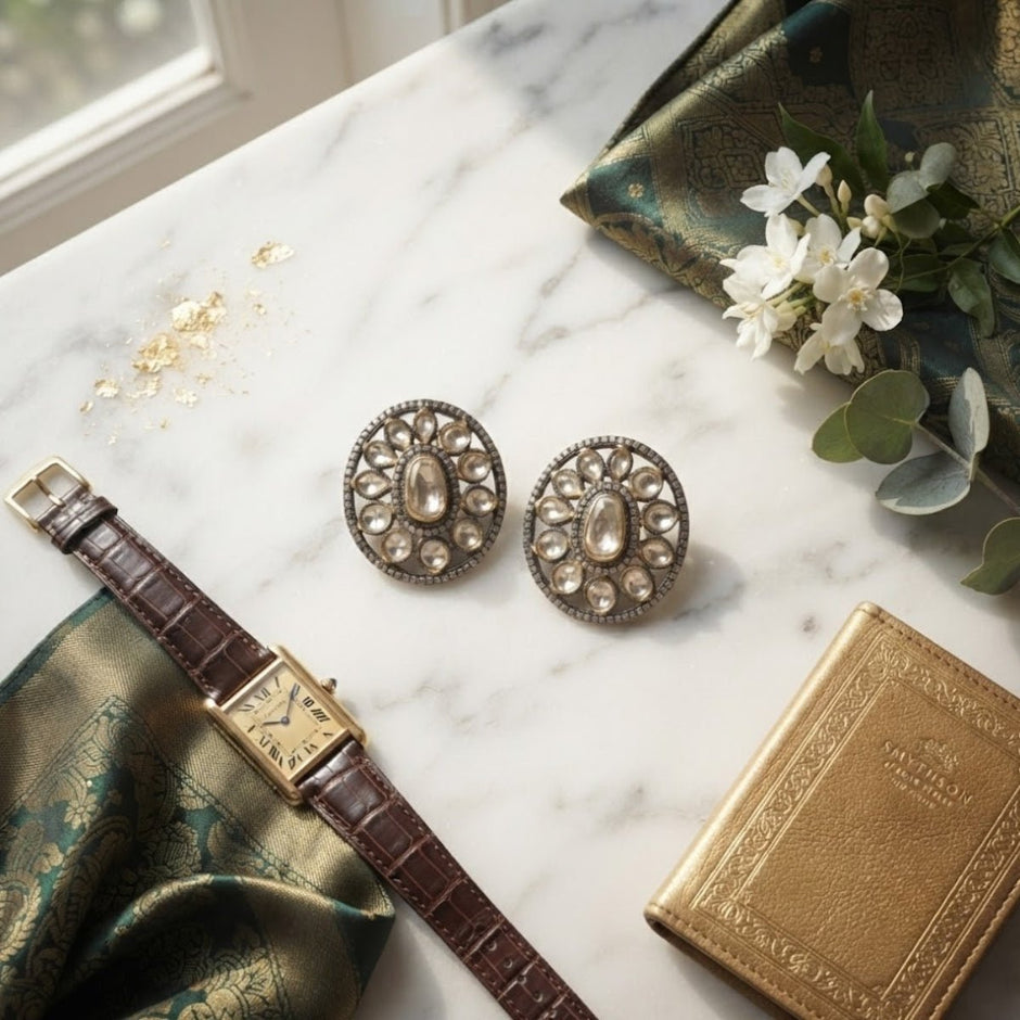 Bhavmayi Dual-Tone Antique Gold & Silver Uncut Polki Kundan Floral Stud Earrings with Micro-Pave Circullar Border - bhavmayi
