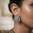 Bhavmayi Dual-Tone Antique Gold & Silver Uncut Polki Kundan Floral Stud Earrings with Micro-Pave Circullar Border - bhavmayi