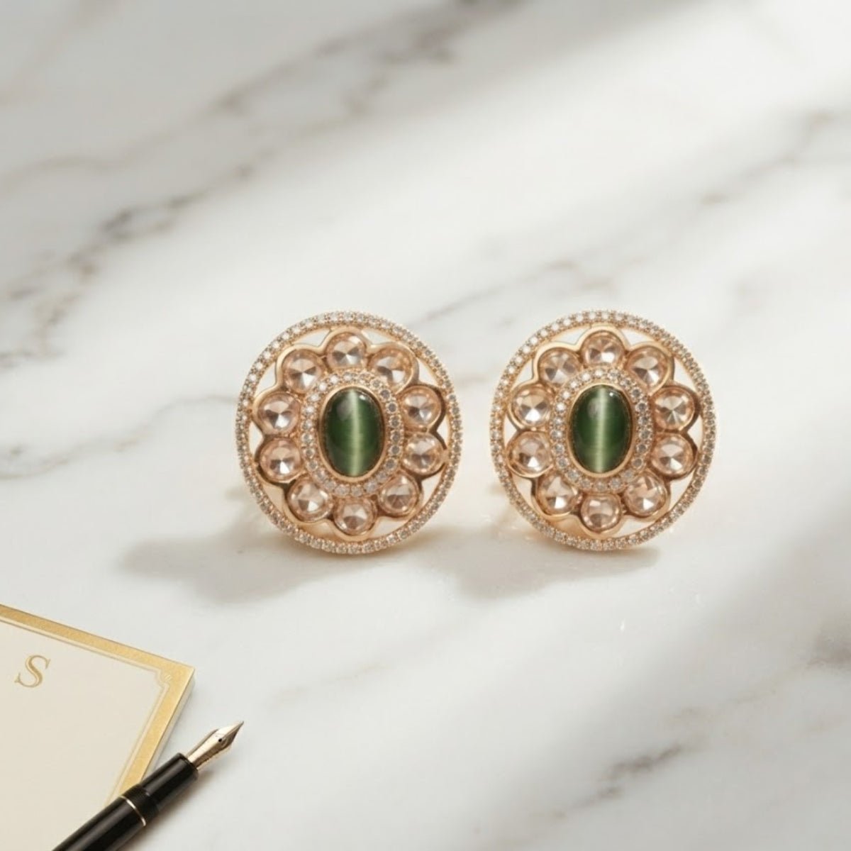 Bhavmayi Dual-Tone Antique Gold & Silver Uncut Polki Kundan Floral Stud Earrings with Micro-Pave Circullar Border - bhavmayi