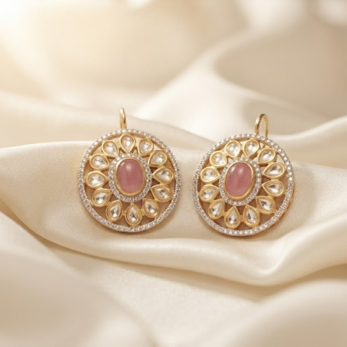 Bhavmayi Dual-Tone Antique Gold & Silver Uncut Polki Kundan Floral Stud Earrings with Micro-Pave Circullar Border - bhavmayi
