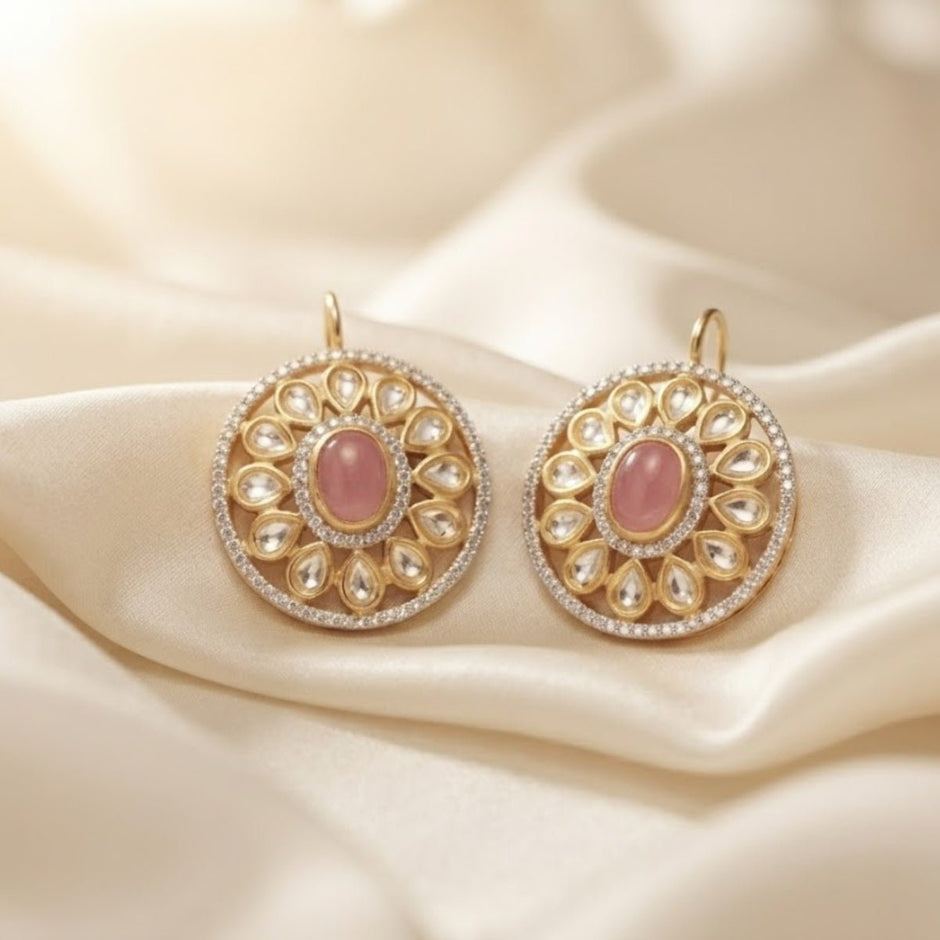 Bhavmayi Dual-Tone Antique Gold & Silver Uncut Polki Kundan Floral Stud Earrings with Micro-Pave Circullar Border - bhavmayi