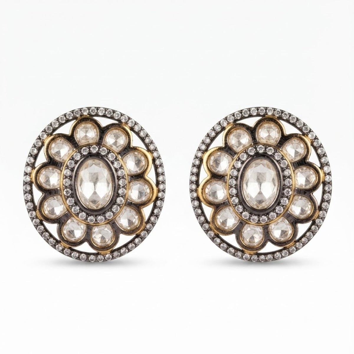 Bhavmayi Dual-Tone Antique Gold & Silver Uncut Polki Kundan Floral Stud Earrings with Micro-Pave Circullar Border - bhavmayi