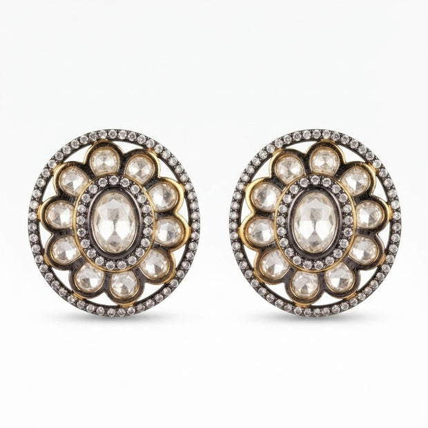Bhavmayi Dual-Tone Antique Gold & Silver Uncut Polki Kundan Floral Stud Earrings with Micro-Pave Circullar Border - bhavmayi