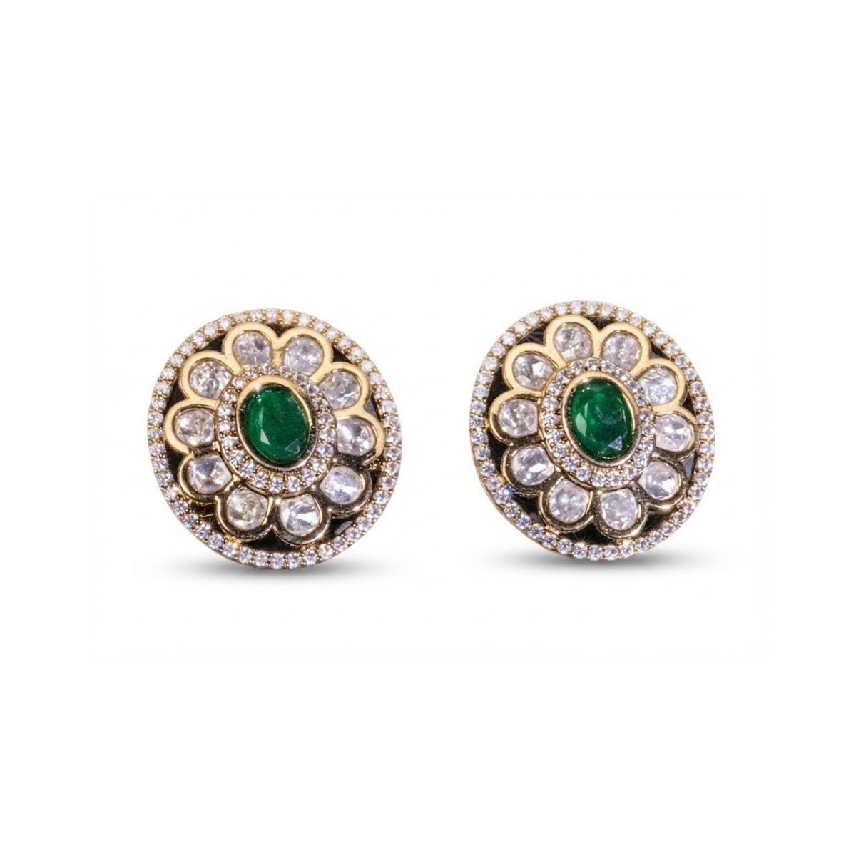 Bhavmayi Dual-Tone Antique Gold & Silver Uncut Polki Kundan Floral Stud Earrings with Micro-Pave Circullar Border - bhavmayi
