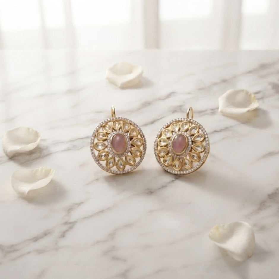 Bhavmayi Dual-Tone Antique Gold & Silver Uncut Polki Kundan Floral Stud Earrings with Micro-Pave Circullar Border - bhavmayi