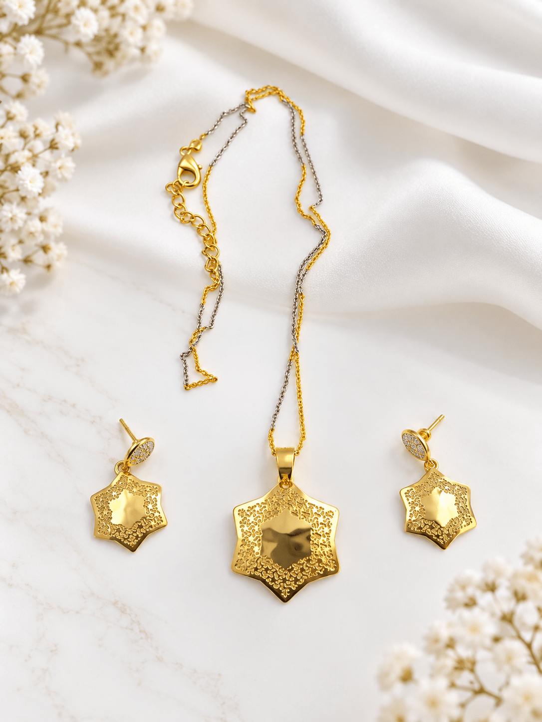 Bhavmayi Dual-Tone Floral Hexagon Pendant Necklace & Earrings Set - bhavmayi