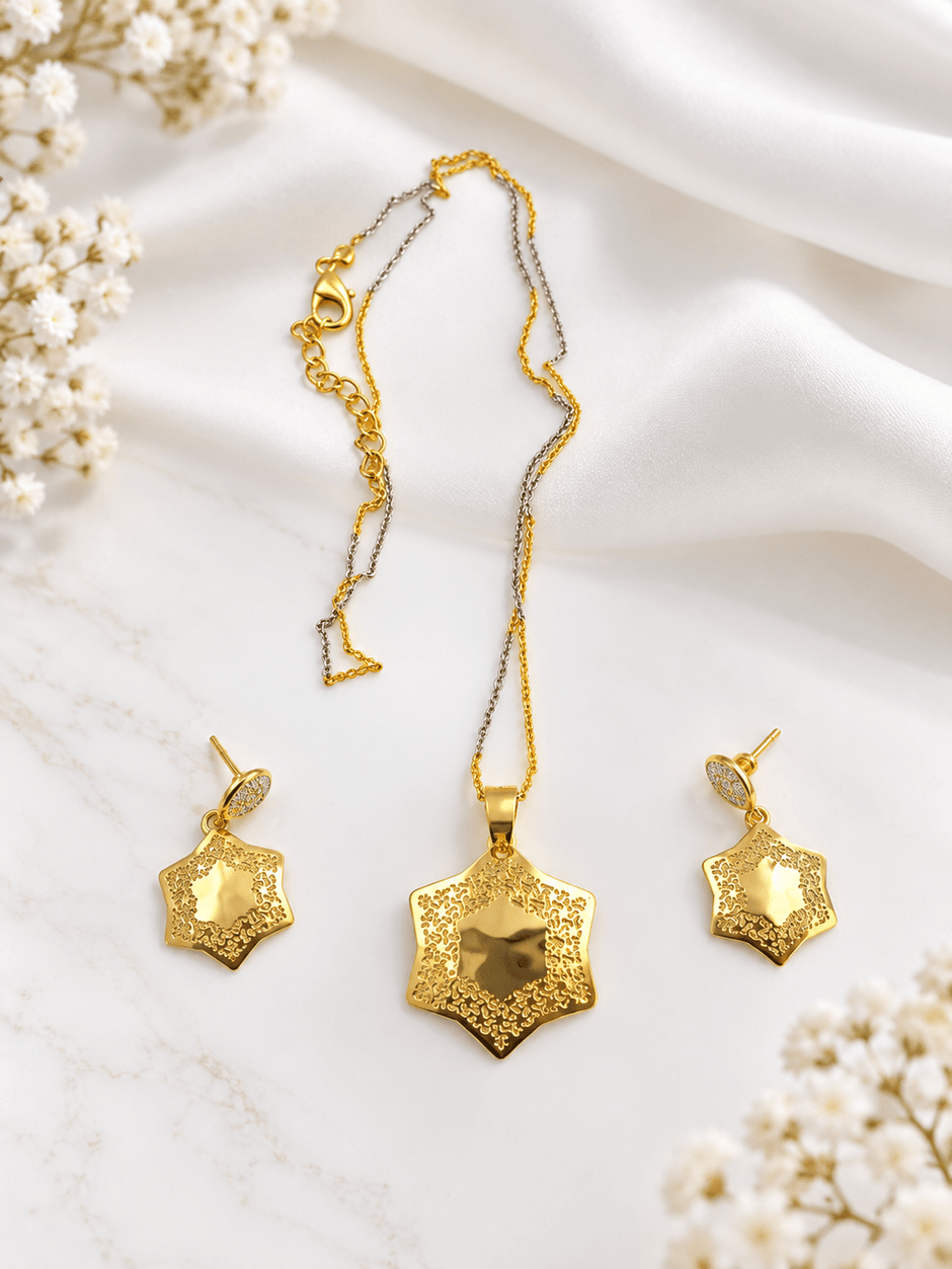 Bhavmayi Dual-Tone Floral Hexagon Pendant Necklace & Earrings Set - bhavmayi