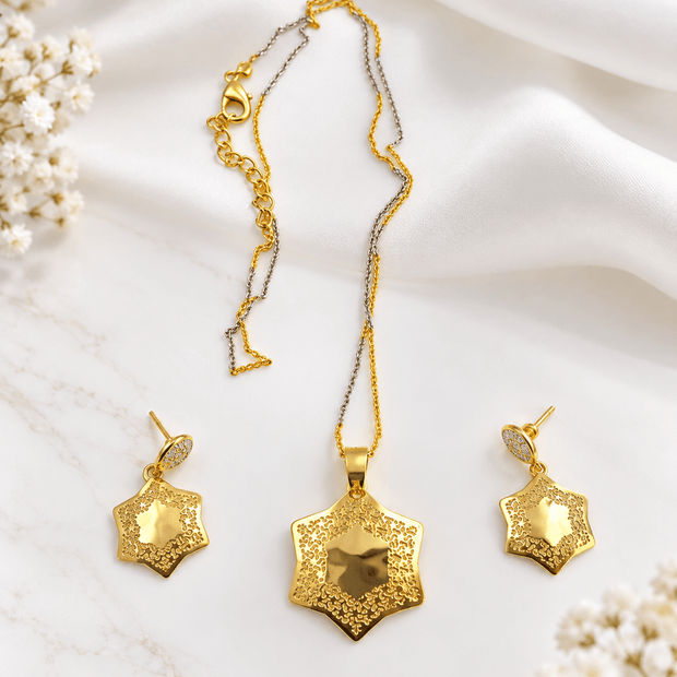 Bhavmayi Dual-Tone Floral Hexagon Pendant Necklace & Earrings Set - bhavmayi