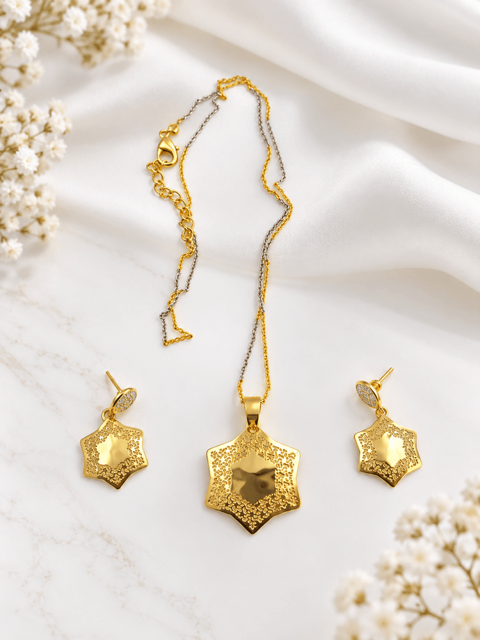 Bhavmayi Dual-Tone Floral Hexagon Pendant Necklace & Earrings Set - bhavmayi