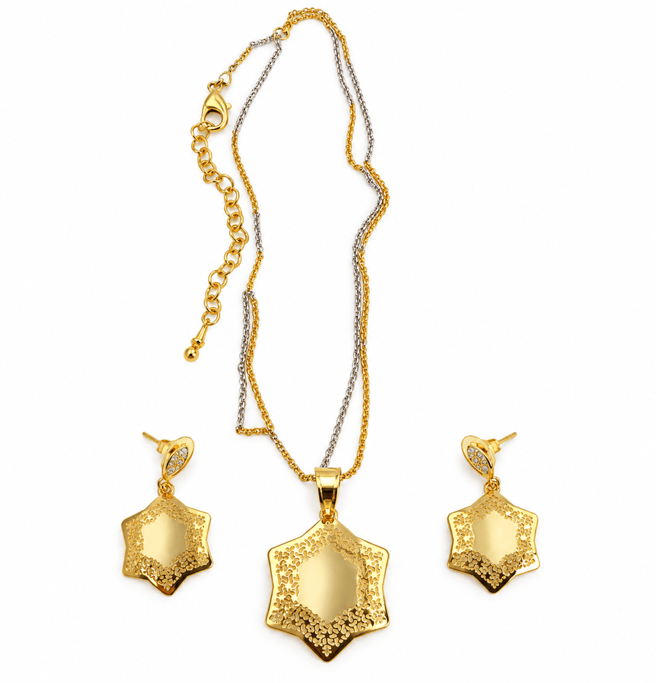 Bhavmayi Dual-Tone Floral Hexagon Pendant Necklace & Earrings Set - bhavmayi