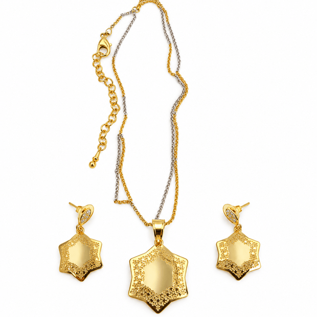 Bhavmayi Dual-Tone Floral Hexagon Pendant Necklace & Earrings Set - bhavmayi