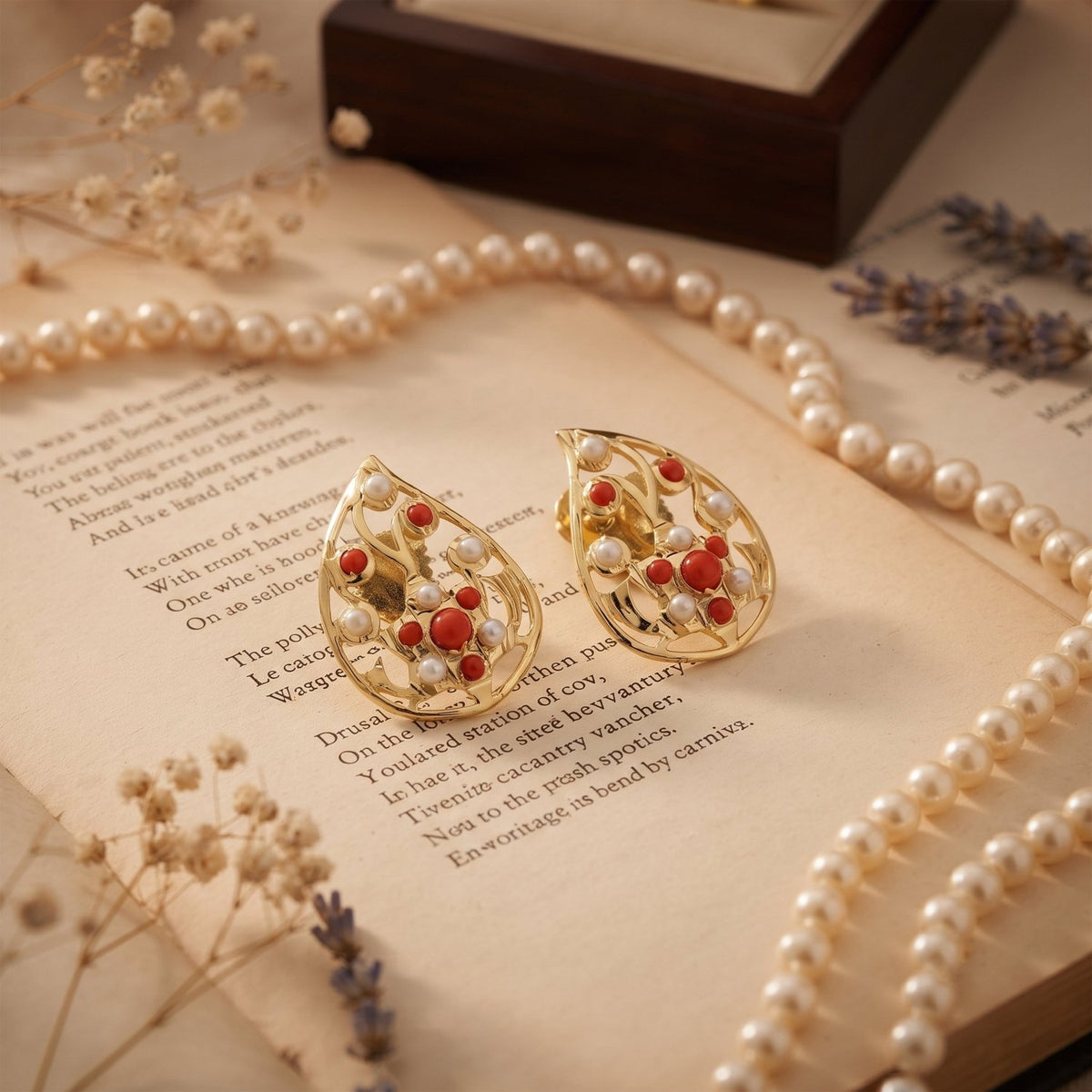 Bhavmayi Elegant 14K Gold Filigree Handmade Teardrop Studs with Coral & Pearl Accents - bhavmayi