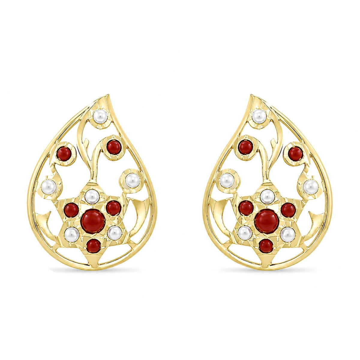 Bhavmayi Elegant 14K Gold Filigree Handmade Teardrop Studs with Coral & Pearl Accents - bhavmayi