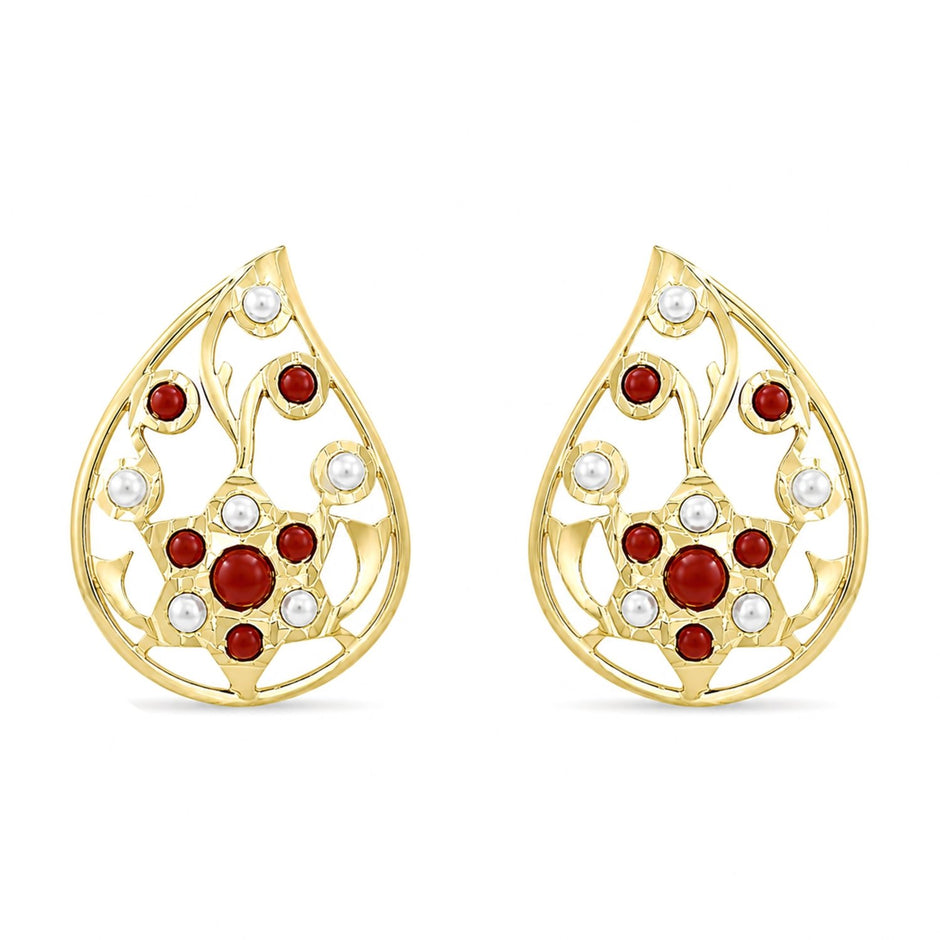Bhavmayi Elegant 14K Gold Filigree Handmade Teardrop Studs with Coral & Pearl Accents - bhavmayi