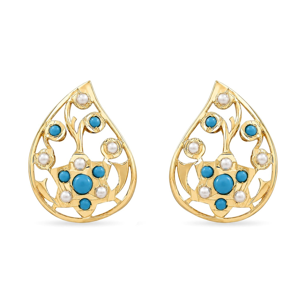 Bhavmayi Elegant 14K Gold Filigree Handmade Teardrop Studs with Coral & Pearl Accents - bhavmayi