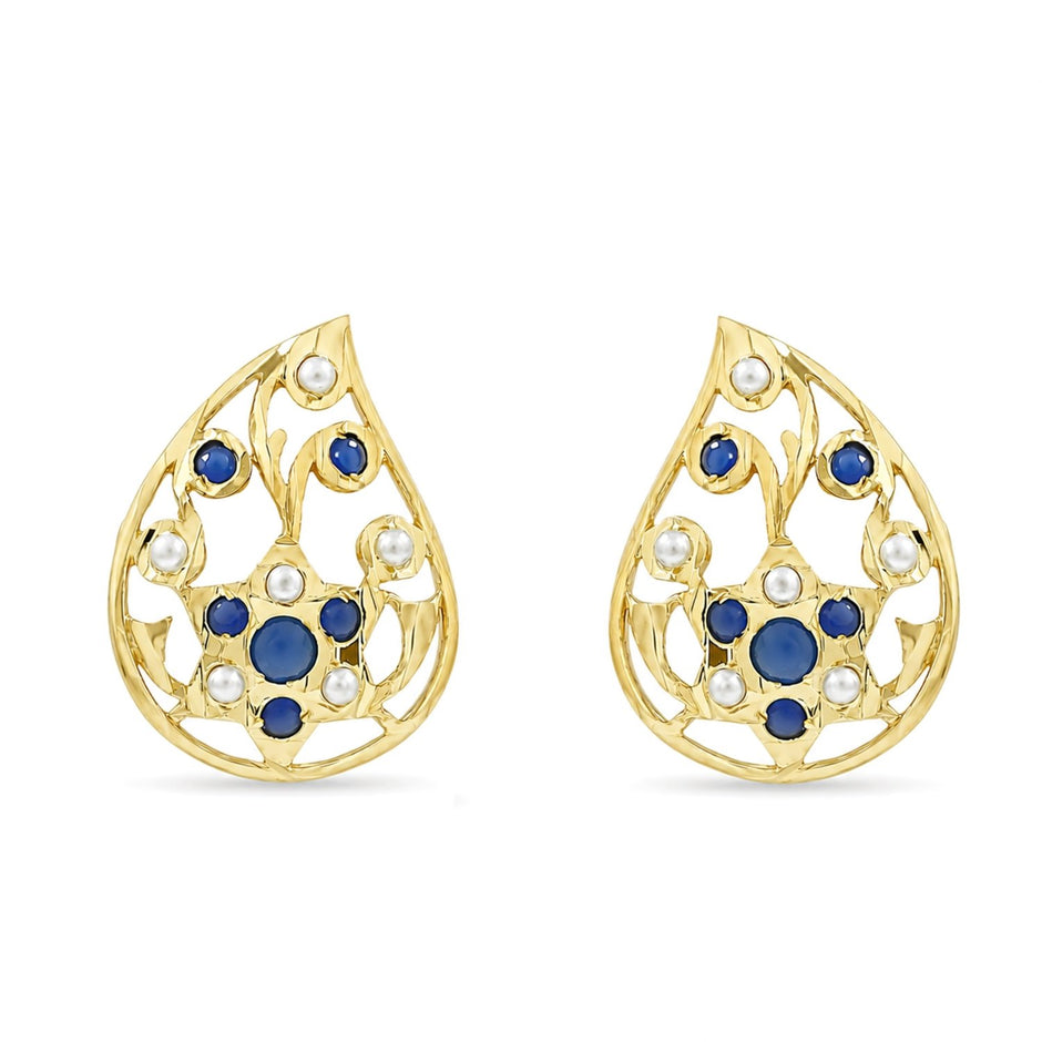 Bhavmayi Elegant 14K Gold Filigree Handmade Teardrop Studs with Coral & Pearl Accents - bhavmayi