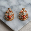 Bhavmayi Elegant 14K Gold Filigree Handmade Teardrop Studs with Coral & Pearl Accents - bhavmayi