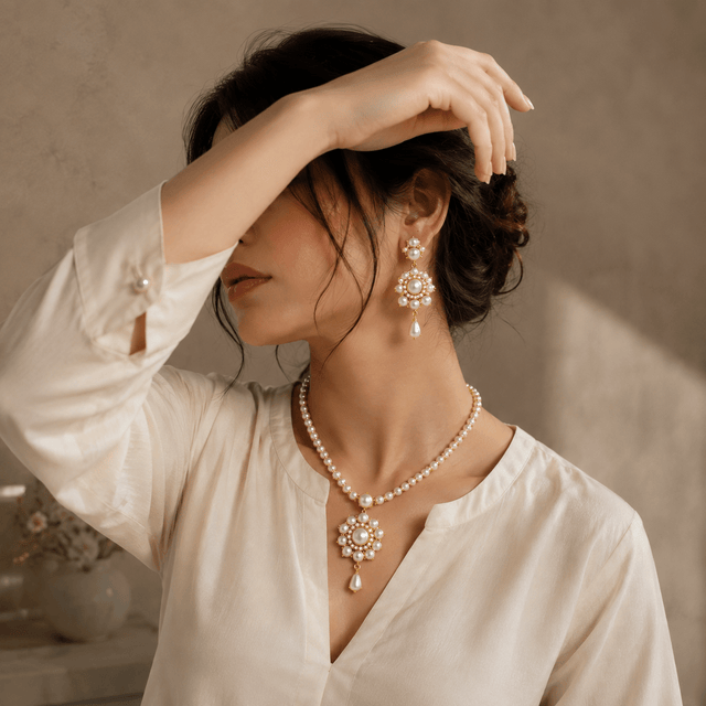 Bhavmayi Elegant and Classic Lustrous Pearl Floral Pendant Style Heritage Necklace Set with Earrings - bhavmayi