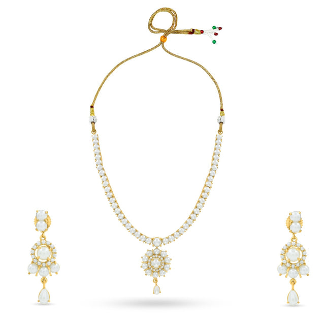 Bhavmayi Elegant and Classic Lustrous Pearl Floral Pendant Style Heritage Necklace Set with Earrings - bhavmayi