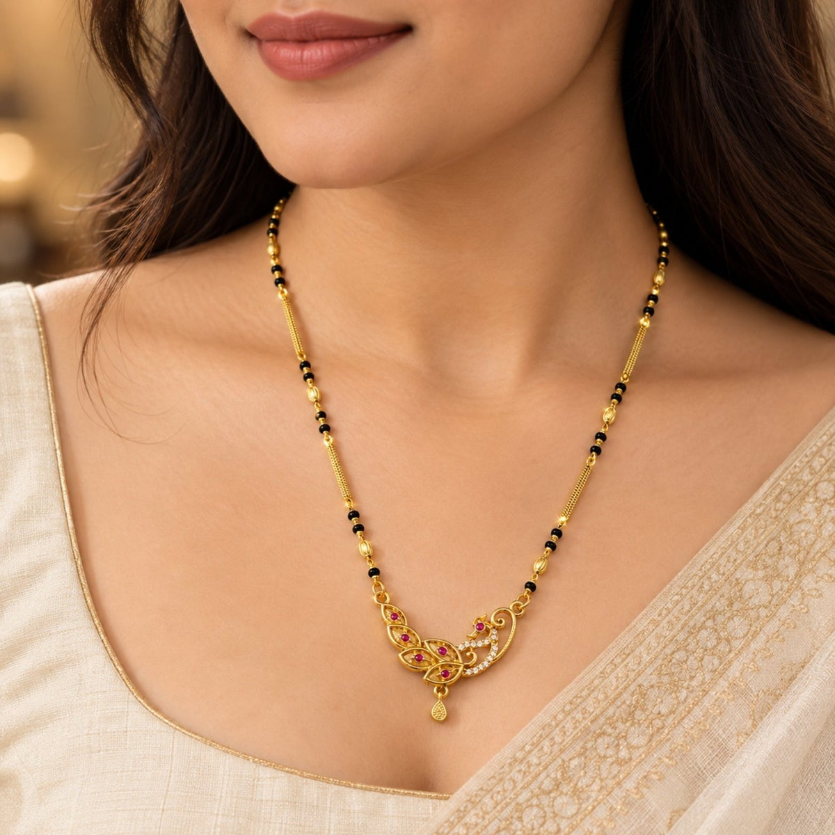 Bhavmayi Elegant Gold & Black Beaded Mengalsutra Necklace - bhavmayi