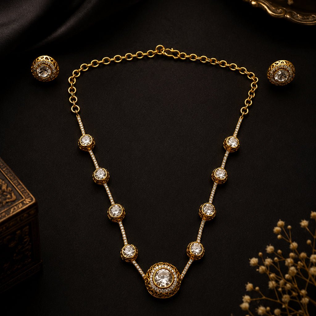 Bhavmayi Elegant Gold CZ Round Stone Necklace & Earring Set - bhavmayi