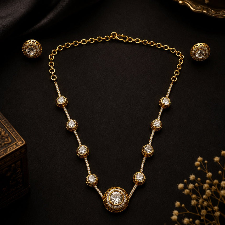 Bhavmayi Elegant Gold CZ Round Stone Necklace & Earring Set - bhavmayi