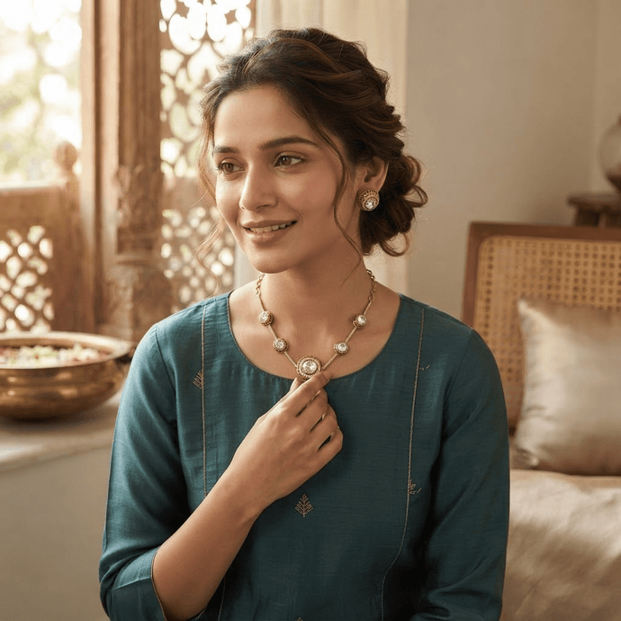 Bhavmayi Elegant Gold CZ Round Stone Necklace & Earring Set - bhavmayi