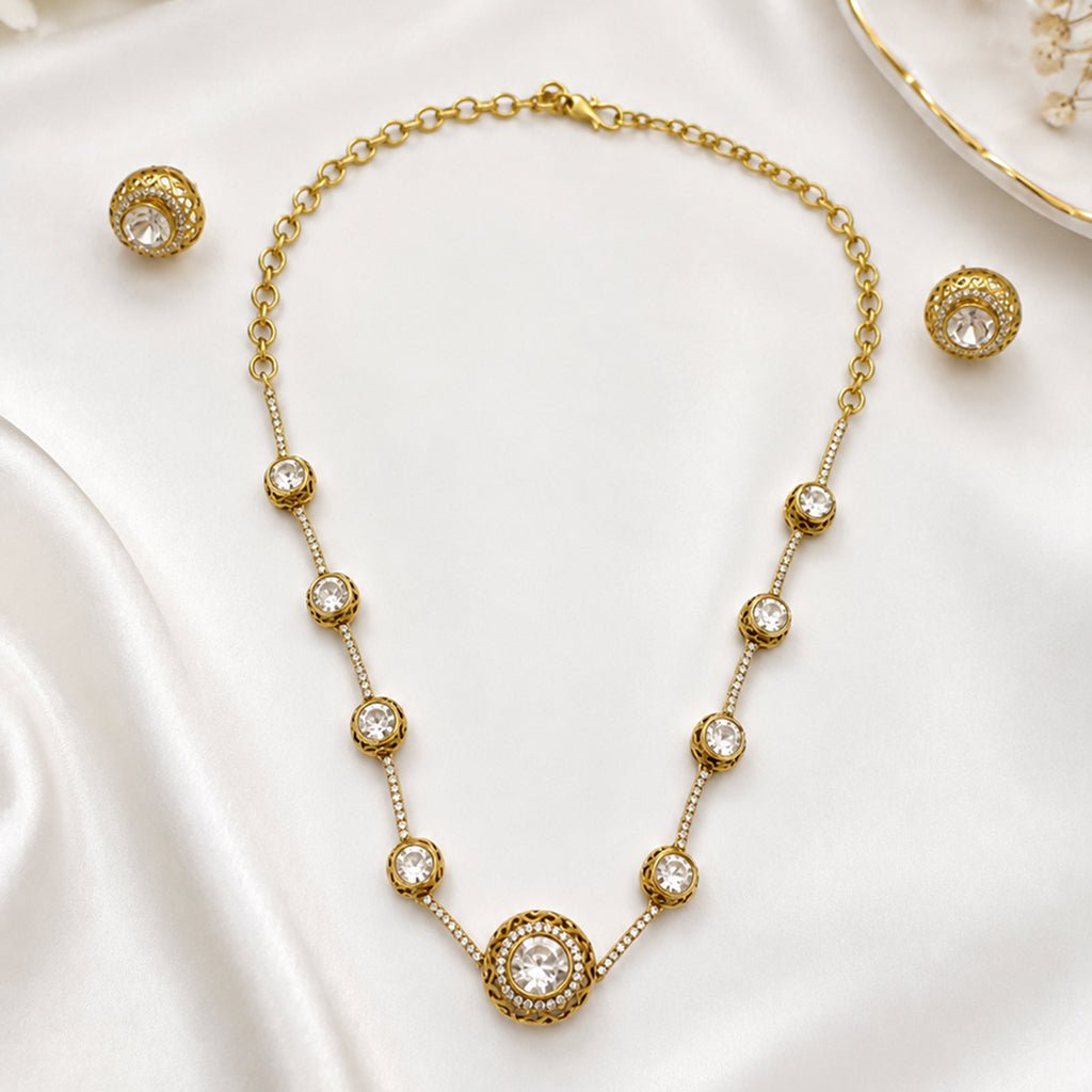 Bhavmayi Elegant Gold CZ Round Stone Necklace & Earring Set - bhavmayi