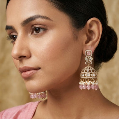 Bhavmayi Elegant Gold Pastel Pink and Diamond Jhumka Earrings with Pearl Fringe - bhavmayi