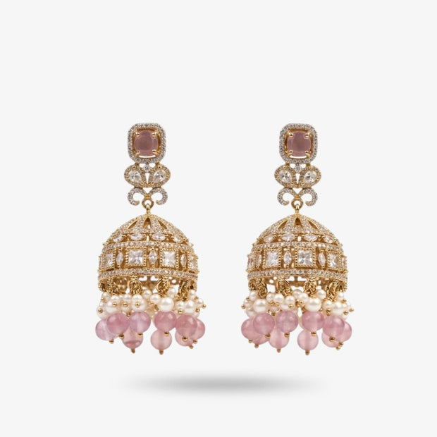 Bhavmayi Elegant Gold Pastel Pink and Diamond Jhumka Earrings with Pearl Fringe - bhavmayi