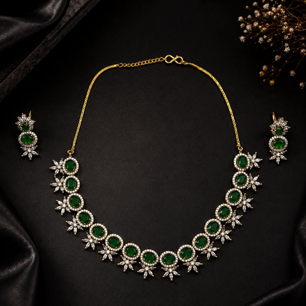 Bhavmayi Elegant Green Emerald CZ Necklace & Earring Set - bhavmayi