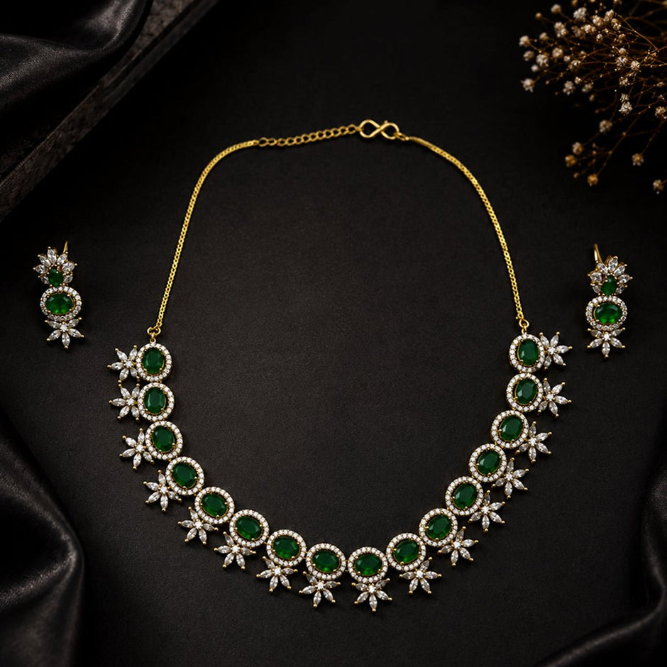 Bhavmayi Elegant Green Emerald CZ Necklace & Earring Set - bhavmayi