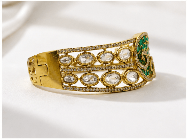 Bhavmayi Emerald Green Stone Gold-Tone Designer Statement Bangle for Women - bhavmayi