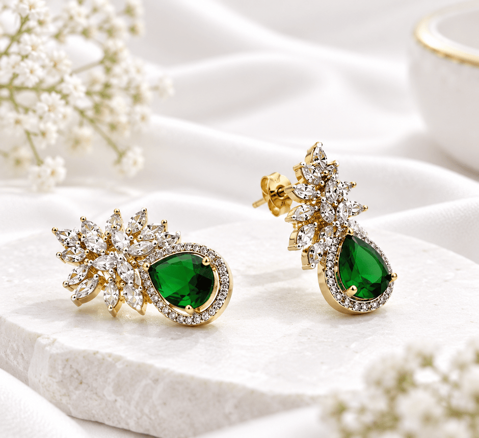 Bhavmayi Emerald Green Teardrop Crystal Drop Earrings - bhavmayi