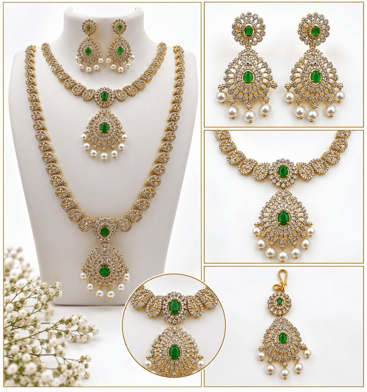 Bhavmayi Emerald-Tone Layered Necklace Set with Pearl-Drop Earrings - bhavmayi